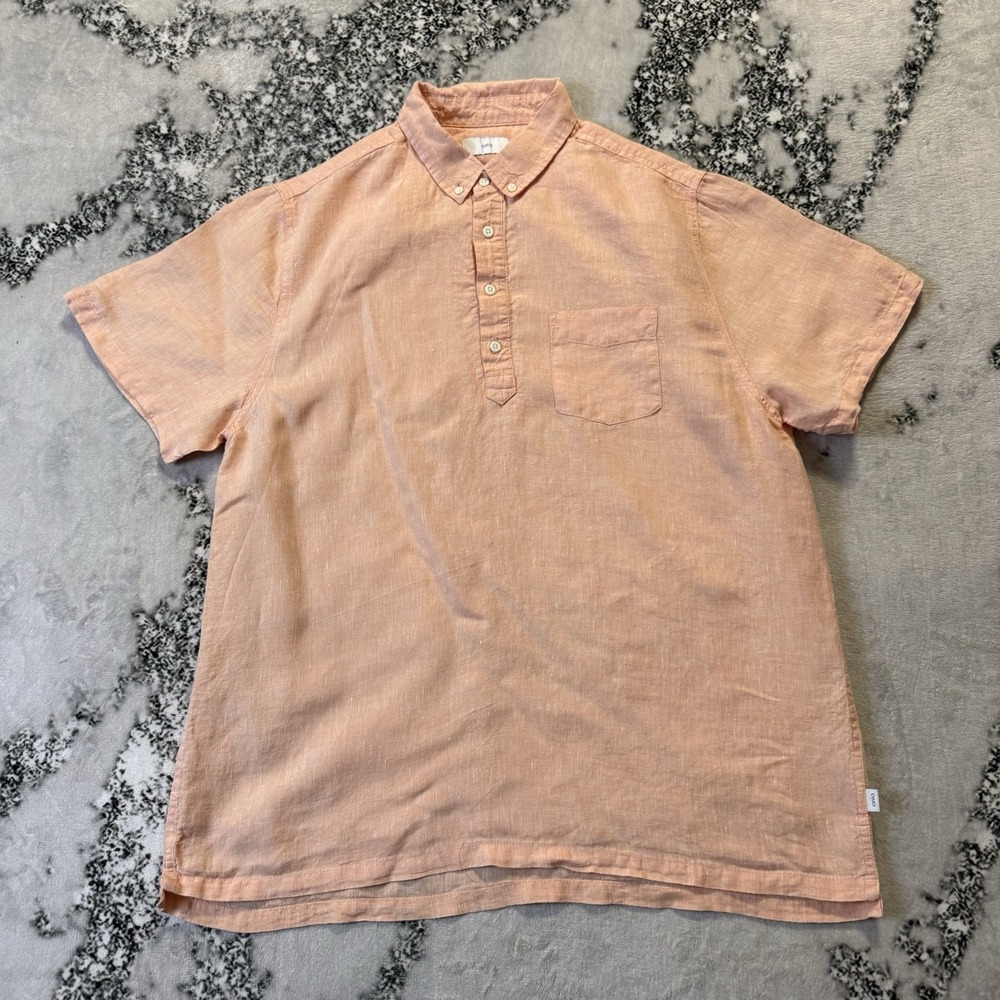 Onia Mens Shirt Size XL 100% Linen Orange Popover Short Sleeve Polo